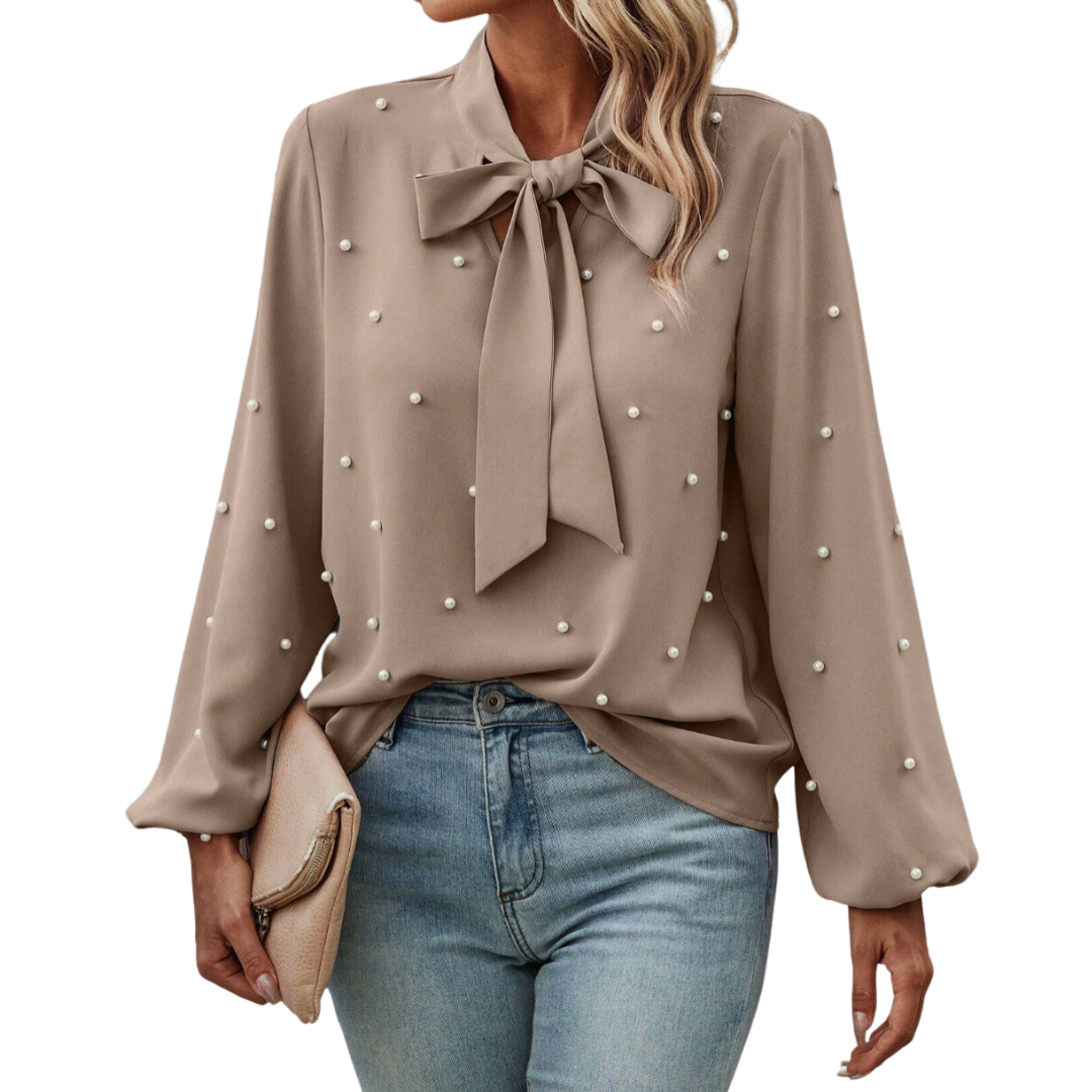 Chloé | Elegant Bluse med Knute Krage og Perler