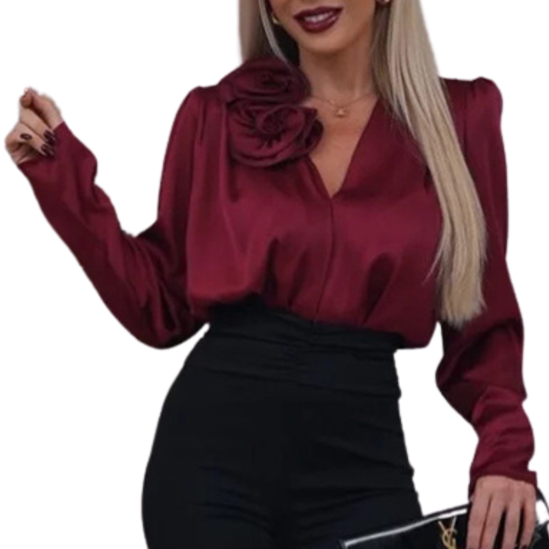 Clara | Elegant Satin Bluse med Blomsterdetalje