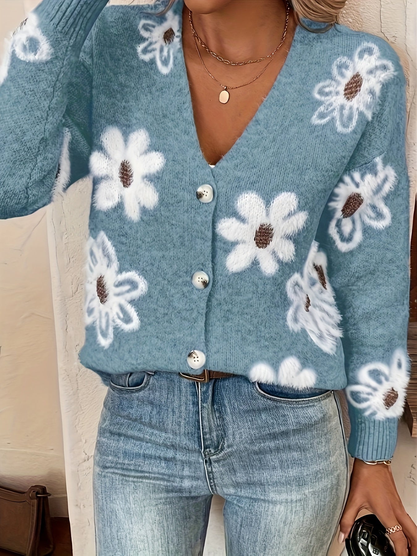 Pascale | Strikket Cardigan med Blomsterprint