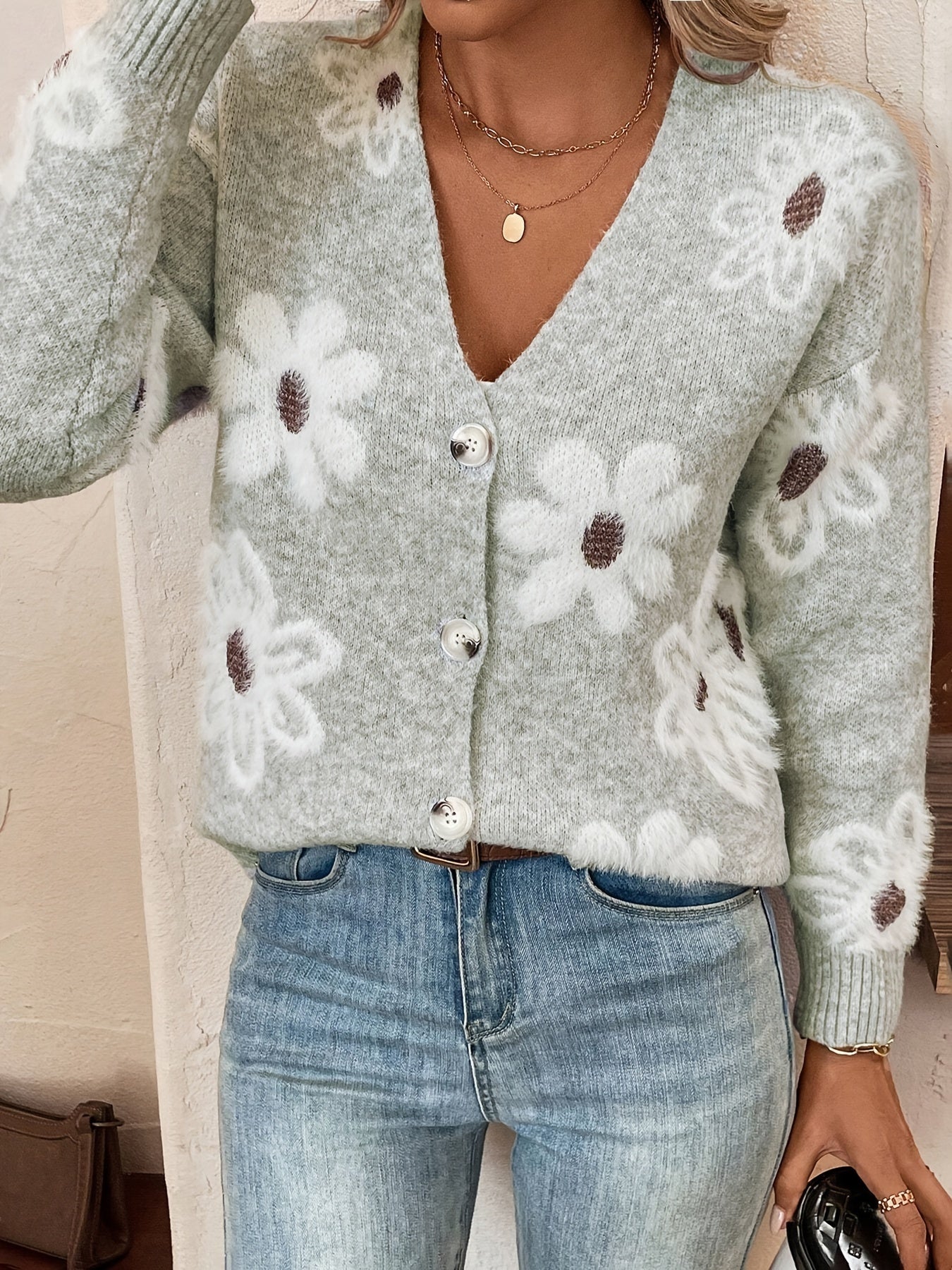 Pascale | Strikket Cardigan med Blomsterprint