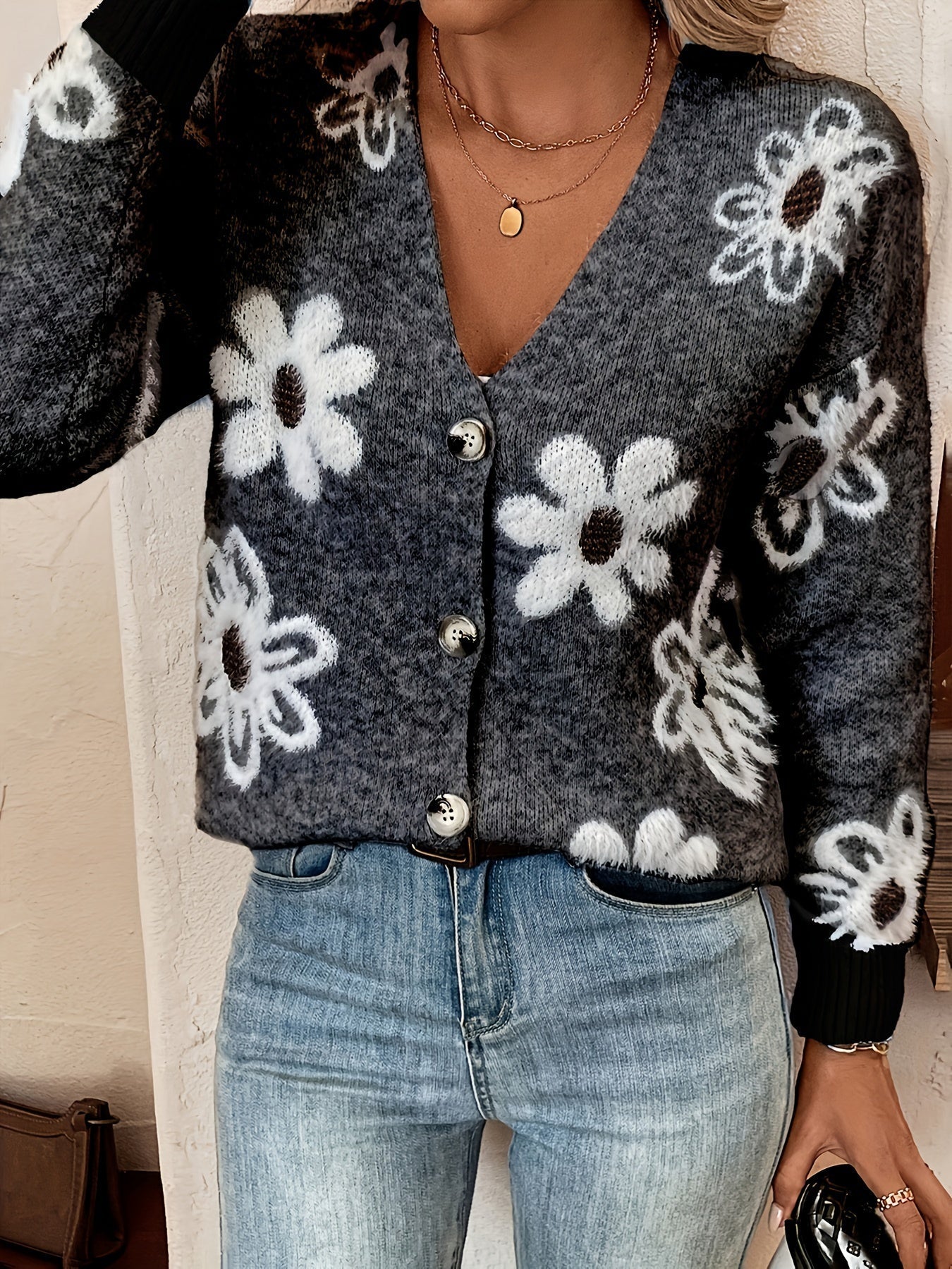 Pascale | Strikket Cardigan med Blomsterprint