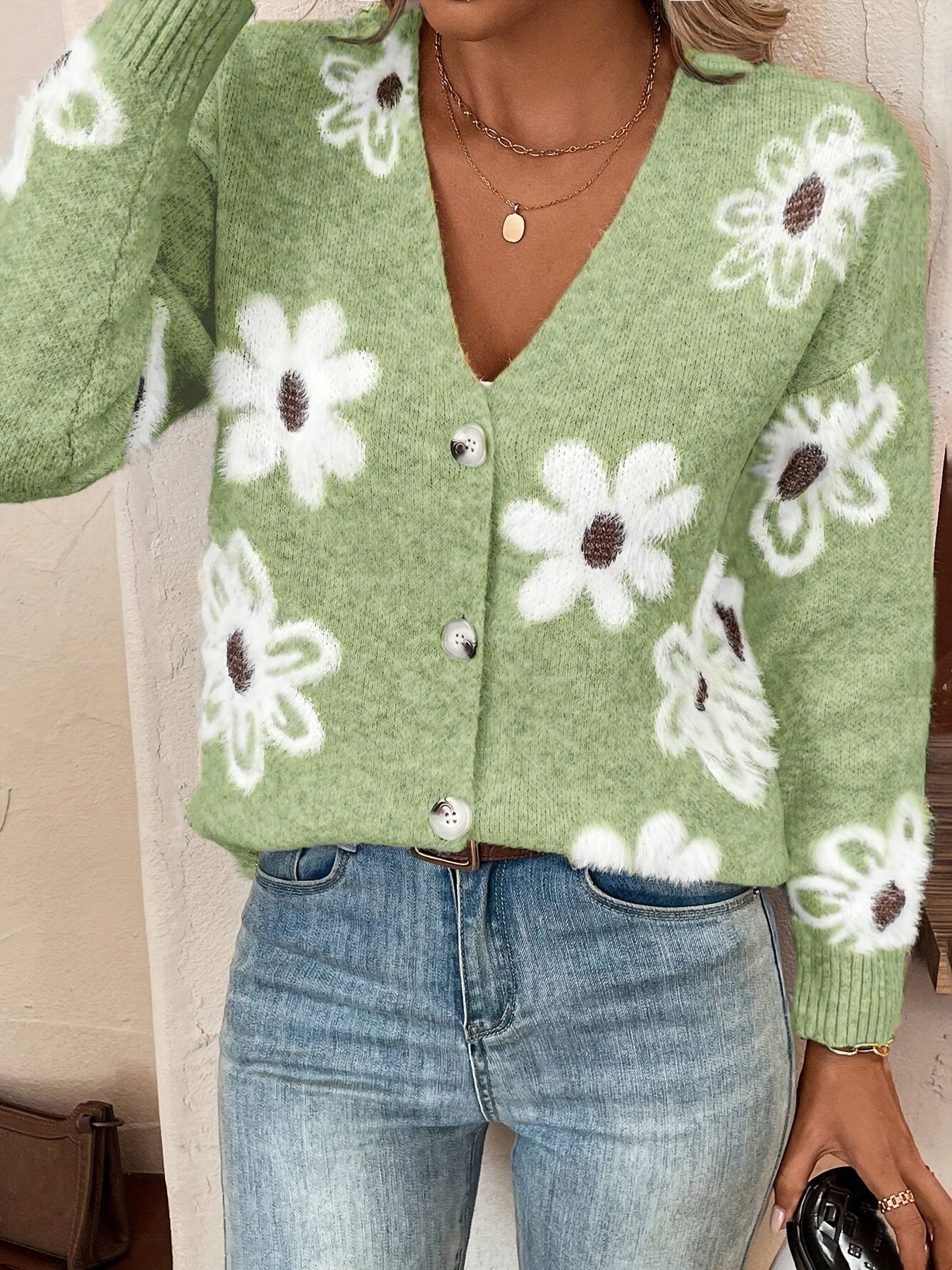 Pascale | Strikket Cardigan med Blomsterprint