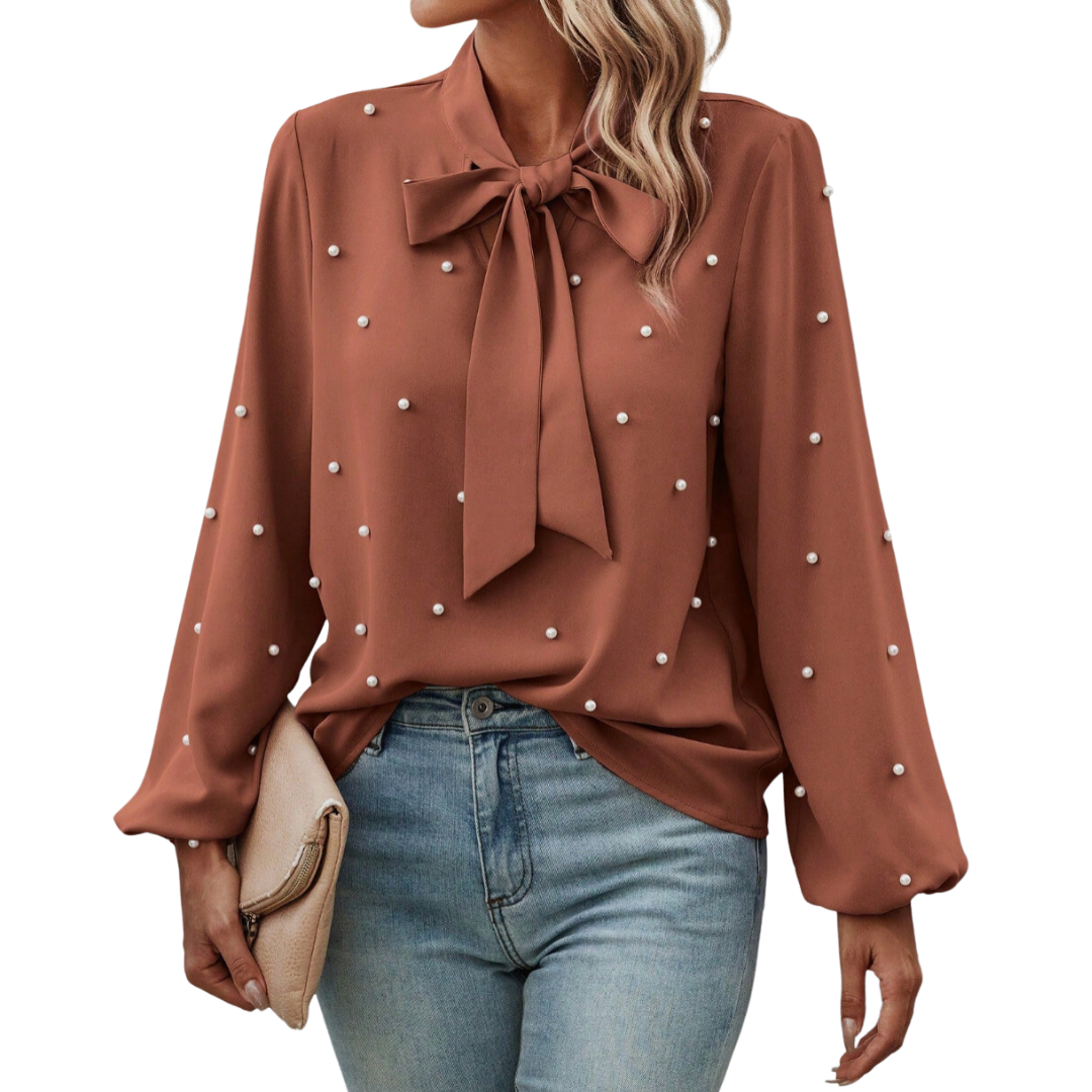 Chloé | Elegant Bluse med Knute Krage og Perler