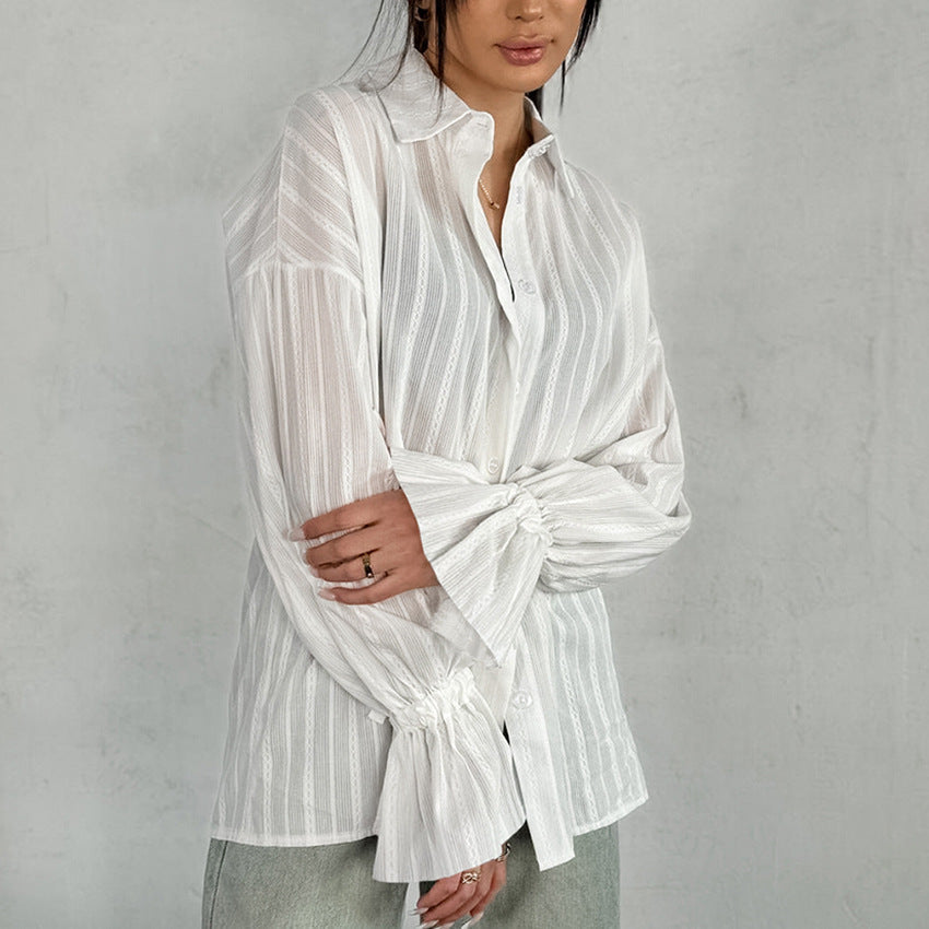 Ambre | Knapbluse med Bindebånd og Striper